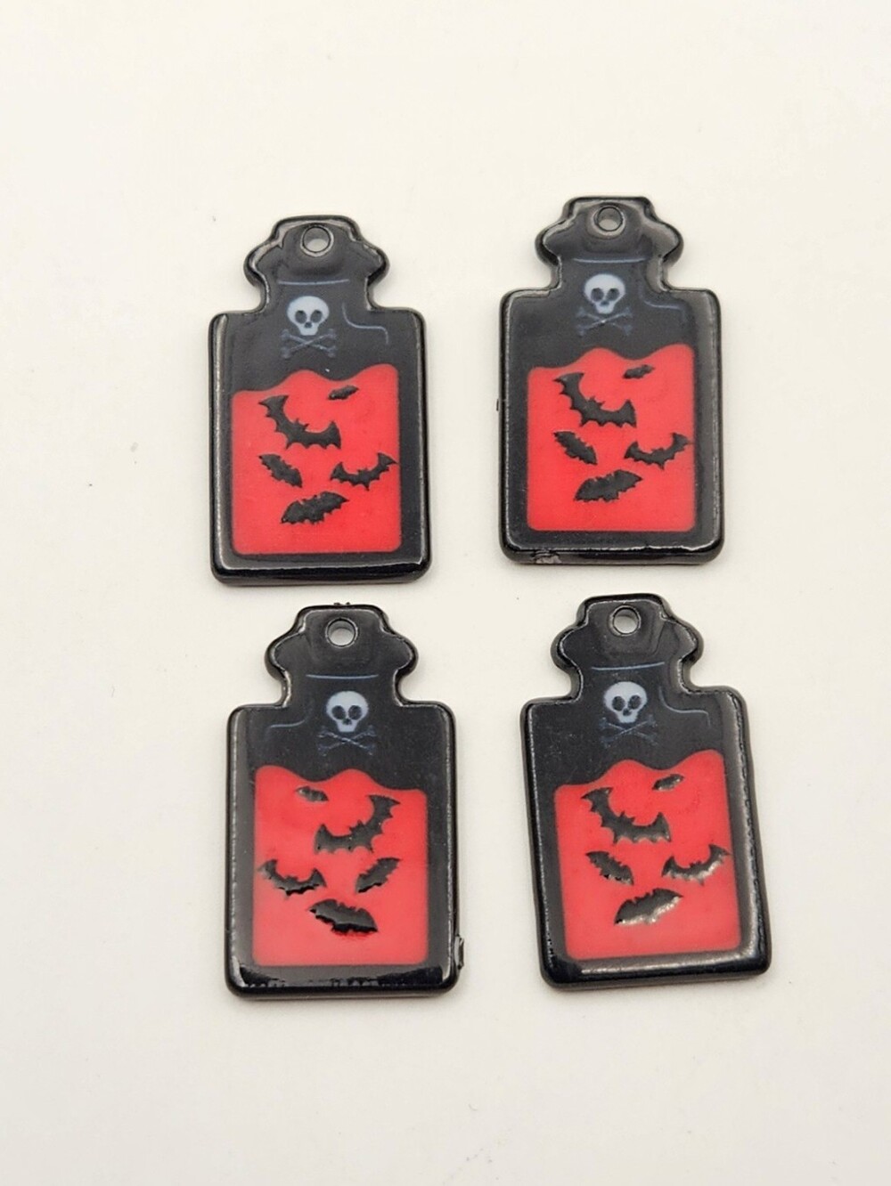 4 Halloween Potion Bottle Charms  Red Black Bats Skull Crossbones Craft Beads